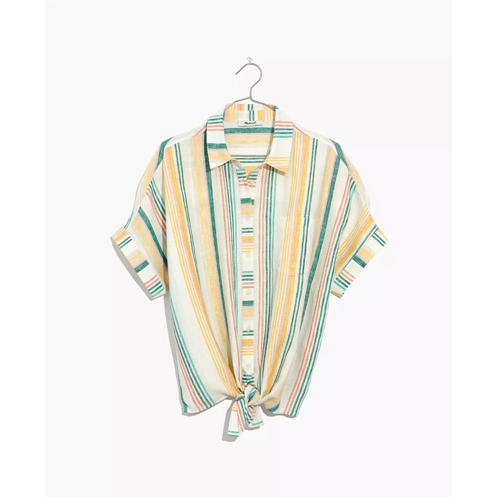 Madewell Linen Short-Sleeve Tie-Front Shirt in Pineapple Stripe